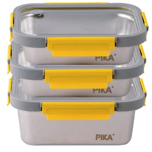 PIKA - Lot de 3 boites alimentaires en inox et couvercle en verre trempé - 2x 820ml + 1200ml - Compatible micro-ondes - MetalShock