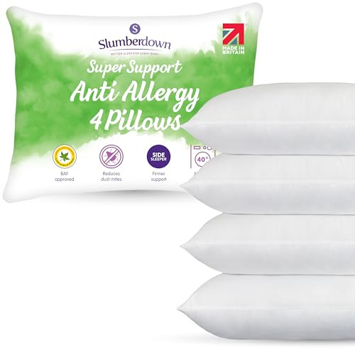Slumberdown Anti Allergy Super Support Pillows 4 Pack - Allergy UK Approved Side Sleeper Pillow for Allergy Sufferers | Core Foam Block, Anti Bacterial, UK Made & Washable (48 x 74cm)