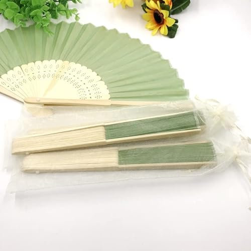 KRUI 20/50/100Pcs Imprinted Personalized Silk Fan - Side Print,Silk Wedding Fans,Promotional Fans,Custom Wedding Gift,Hand Fan Party Favor (bean green,Bespoke)