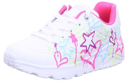 Skechers Street Girls Sneaker, White Synthetic/Neon Multi Trim, 34 EU
