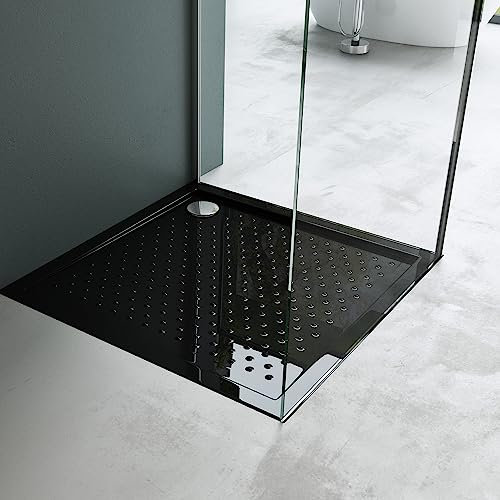Mai & Mai Shower Tray Bathroom | Acrylic | Black | Square Shower Tray | WDH: 80×80×4cm | Anti-Slip Shower Base for Shower Enclosures Lucia01AR Incl. Drain Set AL01