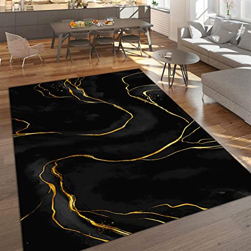 Abstrakte Marmorstruktur Aus Schwarzem Gold Teppiche Gegend, Schwarze Und Goldene Strichzeichnungen Dekorativer Teppich für Wohnzimmer, Schlafzimmer, Esszimmer Badezimmer Küche Flur Läufer 60 x 120cm