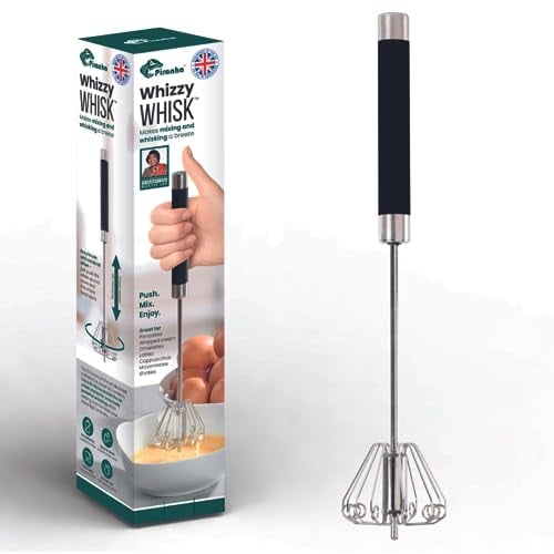 Piranha Whizzy Whisk | Stainless Steel Hand Push Whisk | Semi-Automatic Egg Beater | Portable for Baking, Mixing & Whipping | Easy to Clean Kitchen Gadget for Effortless Cooking (Black)