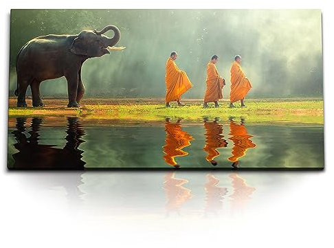 Paul Sinus Kunstdruck Bilder 120x60cm Asien Mönche Thailand Elefant Natur Grün