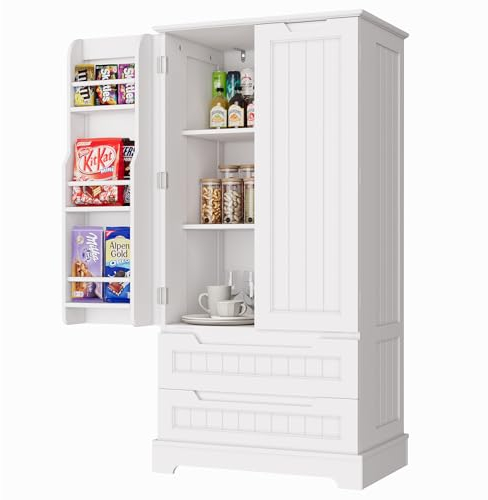 Bealife Armario Alto Antivuelco y Resistente Humedad - para Cocina, Comedor o Salón, con 2 Cajones + 2 Puertas Magnéticas, Mueble Estrecho Multiusos (Blanco, 120x40x60 cm)
