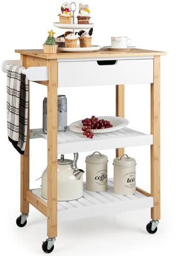 TANGZON Kitchen Trolley Cart, Rolling Kitchen Island on Wheels with Slatted Shelves, Drawer, Bamboo Worktop & Handle, Utility Serving Trolley for Dining Living Room Restaurant (Natural Frame)