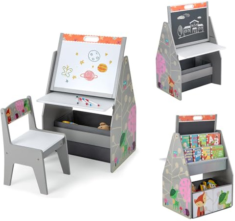 GOPLUS 4 en 1 Caballete y Estación de Juegos para Niños con Silla, Juego de Mesa y Silla para Niños con Pizarra Magnética y Pizarra Blanca Giratoria de Doble Cara, 50 x 50 x 85 cm (Gris)