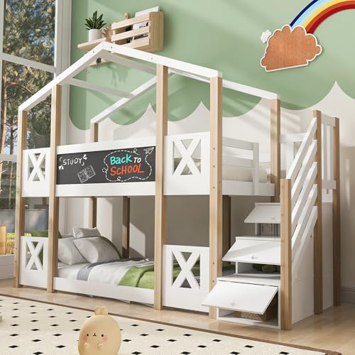 Kinderbett Etagenbett 90x200 Hochbett rausfallschutz Kinderbett Einzelbett, Kinderbett Baumhaus mit Speicherung und Rausfallschutz 90 x 200 cm, Hochbett für Kinder 2X Lattenrost Natur & Weiß