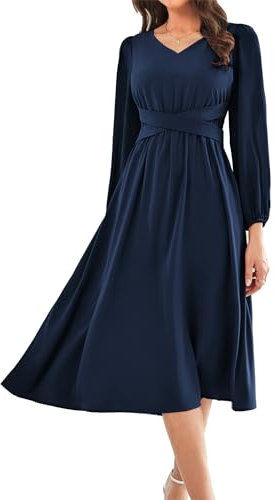 GRACE KARIN Lddies' Casual V Neck A Line Dress Vintage Mediaeval Long Sleeves Chiffon Dress Navy Blue M