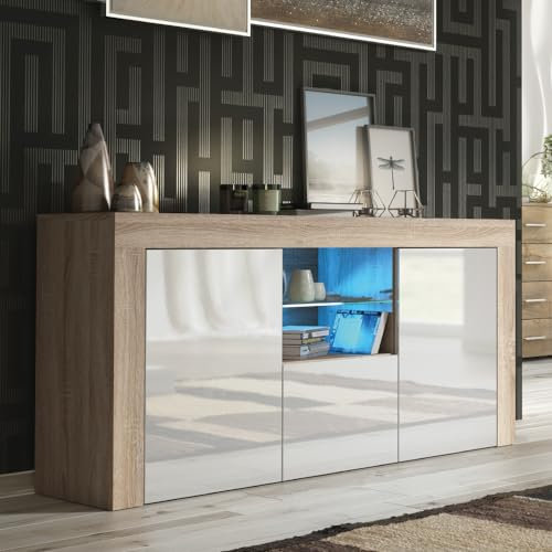 Creative Furniture Sideboard 145cm Oak Modern Stand White Gloss Doors Free LED