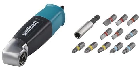 wolfcraft Winkelgetriebe 4688000, Bohren und Schrauben im 90°-Winkel + wolfcraft Bit-Set Schlitz/Kreuzschlitz (PH/PZ), 12-tlg. I 2445000 I 11 Solid-Bits in verschiedenen Größen, inkl. Bithalter