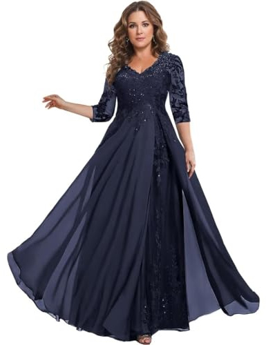 Sincemeet Kleider für die Mutter der Braut Chiffon-Ballkleider mit 3/4-Ärmeln Langes formelles Abendkleid