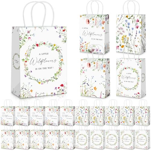 Kolldenn 40 Stück Vintage-Geschenktüten mit Wildblumen-Motiv, Babyparty-Dekorationen, eine kleine Wildblume ist unterwegs, Blumen-Papiertüten mit Griffen für Hochzeit, 4 Stile