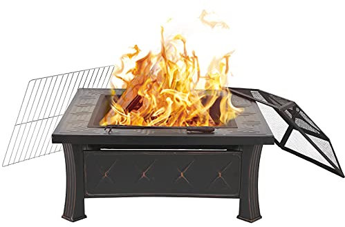 Brasero carré 3 en 1 avec grille de cuisson et protection contre les étincelles, brasero d'extérieur carré avec couvercle, panier à feu pour terrasse, brasero pour jardin, barbecue, camping, 81 x 81 x