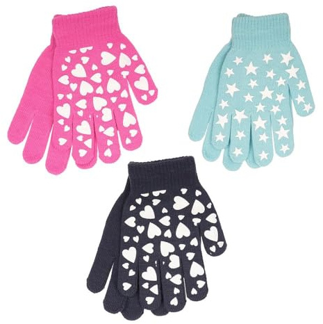 A2Z 4 Kids Girls Gloves 3 Pack Glowing in The Dark Magic Mittens Winter Warm Knitted Full Fingers Stretch Grippers Girls Glowing Heart Star Pattern Amazing Gloves One Size Fit Suitable 5-13 Years
