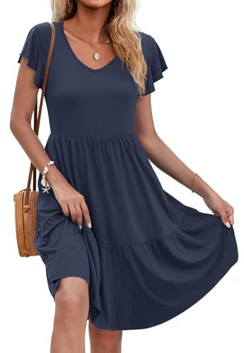 AUSELILY Women Summer Dress Ruffle Petal V-Neck Sundress Short Sleeve Casual Dress with Pockets Navy Blue L