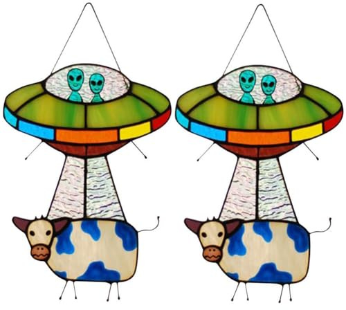 Kcvzitrds 2PCS UFO Abduction A Cow Stained Glass Suncatcher UFO Stained Glass Suncatcher UFO Cow Hanging Glass Suncatcher