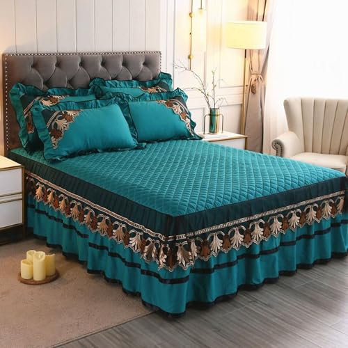 Jupe de Lit Cache Sommier Bonnet 200x220 Coton, Drap Housse 2 Personnes Couleur Unie Vert Dentelle à Volants avec Elastique