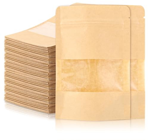 SENENQU Lot de 200 Sachet kraft Alimentaire avec Fenetre, 10×15CM Sachet Kraft Zip Réutilisables, Imperméable Sac Kraft Alimentaire Petit Format pour Noix, Nourriture