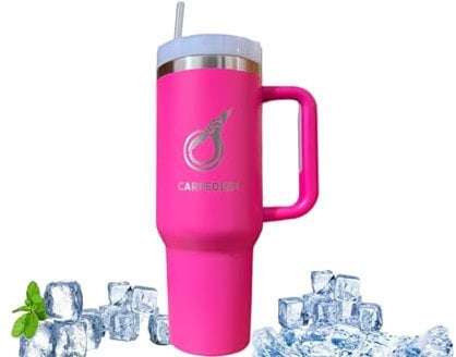 CARPEDIEM 40oz Stainless Steel Vacuum Insulated Travel Tumbler with Straw and Handle – Double Wall Flask for Hot & Iced Coffee, Car Cup Mug (Hot Pink)