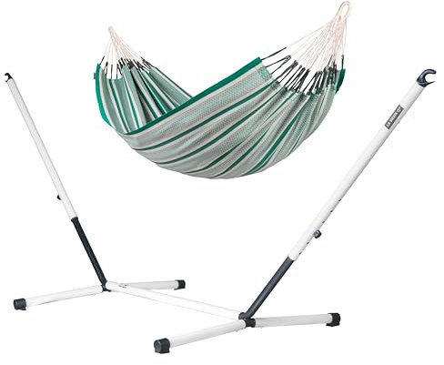 LA SIESTA® Modesta Bio-Baumwoll Hängematte, Stahlgestell - Hängematte Outdoor Indoor, Hängematte mit Ständer, Hängematte für Balkon Terrasse Garten - 2 Personen Doppel Hängematte mit Gestell, Agave