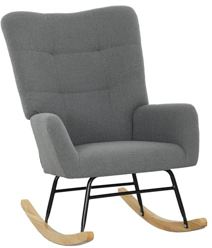 HOMCOM Rocking Chair, Teddy Upholstered Accent Chair, Modern Armchair with Wide Backrest and Rubberwood Base for Living Room, Bedroom, Grey