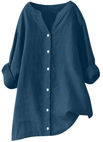 RLEHJN Chemise Lin Femme Chemisier Coton Et Lin pour Femmes Boheme Col V Boutonné Shirt Basique Chemiser De Travail Ample Couleur Unie Lâche Respirant T-Shirts Grande Taille Pas Cher Cadeau