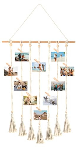 GIDWRIY Cadre Pele Mele Photo Mural,Accroche Photo en Macramé,Porte Photo Bohème,Tableau Photo avec 30 Clips en Bois,Support Photo Suspendu pour Photo Polaroid,Cadre Photo Suspendu Corde