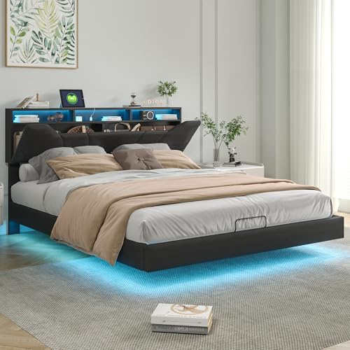 BRYXR Doppelbett 140x200 mit LED-Beleuchtung,Modernes Schwebebett mit USB-Ladefunktion und Stauraum, Verstellbare Kopfteilhöhe, Hydraulisches Funktionsbett in Schwarz, PU, ohne Matratze