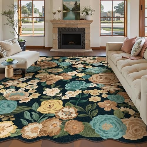 HUGEAR Teppich Wohnzimmer 200x300cm Schwarz Waschbarer Carpet Rug | Blumen Blumenmuster Teppiche,Waschbar Rutschfest,Weich Kurzflorig,Boho Neutral Modern,für Schlafzimmer,Esszimmer,Büro