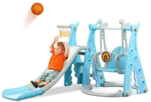 Rutsche Indoor ab 1 2 3 4 5 Jahr, 4-in-1-Kleinkindspielplatz mit Schaukel, Baby Rutsche Kinderzimmer, Gartenrutsche für Kleinkin für drinnen und draußen, Jungen und Mädchen (Hai+Blau)
