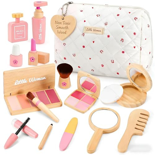 AINIOKA Wooden Makeup Toy Set for Girls: Pretend Makeup Play Set for Toddlers 3-5 - Kids Makeup Set with Eyeshadow/ Mascara/ Mirror/ Bag - Gifts Toys for 3 4 5 6 7 8 Years Old Kids Children