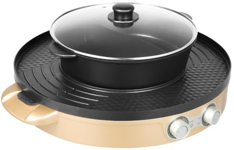 Hot Pot und grill,2200W 2-in-1 Elektrischer Hot Pot Barbecue,Unabhängige und stufenlose Einstellung,Abnehmbar,Antihaft-Beschichtung,Klarer Deckel,44cm,Gold
