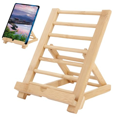 Support de tablette, support de tablette portable -de livre réglable en bois,de livre de cuisine de cuisine, de téléphone portable de bureau avec trou de chargement pour