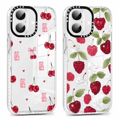 Foonary 2 Pack Cute Cherry Print Phone Case for iPhone 16 6.1, Fashion Design Soft Slim Clear Case Shockproof TPU Bumper Protective Cover for Women Girls