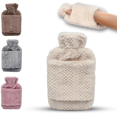 Hot Water Bottle with Hand Inserts & Luxury Cosy Faux Fur Cover, 2L Leakproof Large Hot Water Bag for Neck & Shoulder Pain Relief, Hand & Feet Warmer, Gift for Women,Men (Cream – Ivory)