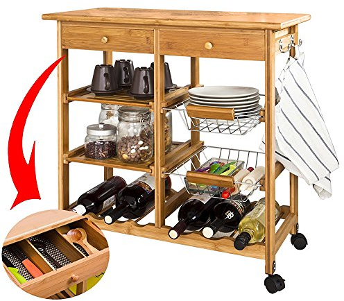 BAKAJI - Carrito de Cocina de Madera de bambú con Estante para Tabla de Cortar y cajones, único