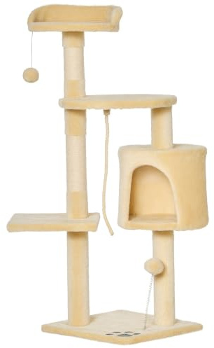PawHut Katzenbaum Kratzbaum Schlafhöhle Kletterbaum mit Spielbaum Treppe Schlafplatz für Katzen 4 Schichte Beige 40 x 40 x 114 cm