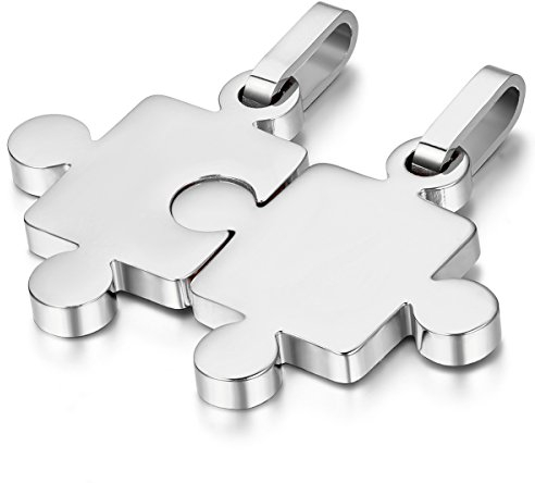 JewelryWe Valentinstag Schmuck 2 Freundschaftsketten Puzzle Love Edelstahl Partner-Anhänger mit 45cm und 55cm Kette, Halskette für Damen & Herren, Silber