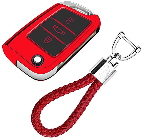KASER Autoschlüssel Hülle kompatibel für Volkswagen VW Cover TPU Silikon Hochglanz Schutzhülle Schlüsselhülle Fernbedienung VW Golf MK7 Seat Ibiza Leon Skoda Octavia Schlüsselbund (Rot)