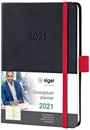 Sigel C2109 Terminplaner Wochenkalender 2021, ca. A6, schwarz/rot, Hardcover mit vielen Extras, Conceptum - weitere Modelle