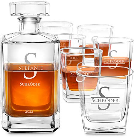 Maverton Whiskey Karaffe + 6er Whiskygläser Set mit Gravur - 700ml Whisky Dekanter - Weihnachtsgeschenke - Geschenk zum Geburtstag für Männer - Monogramm