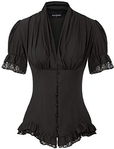 SCARLET DARKNESS Gothic Rüschenbluse Damen Kurzarm V-Ausschnitt mit Rüschen Schnürrücken Trachtenbluse L Schwarz