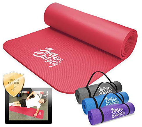 Jung & Durstig Original Yogamatte mit Tragegurt | Gymnastikmatte inklusive Übungen | Sportmatte mit Ebook Workout | Fitnessmatte rutschfest | 180 x 60 x 1 cm | Rot