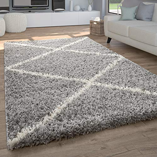 Paco Home Hochflor Teppich Wohnzimmer Shaggy Langflor Skandinavisch Rautenmuster Modern, Grösse:140x200 cm, Farbe:Grau