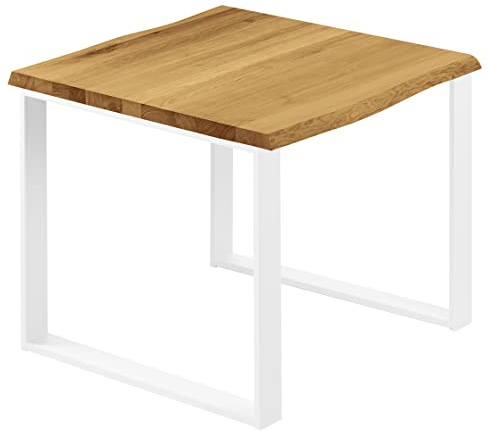 LAMO Manufaktur Esstisch Küchentisch Schreibtisch Couchtisch aus Massivholz, mit Baumkante 60x60x76 cm (AxBxH), Modern, Rustikal/Weiss, LBB-01-A-003-9016M