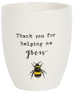 Charming Thank You For Helping Me Grow Ceramic Plant Pot - 13cm x 11cm (1 Pc.) - Adorable Bee Illustration, Sweet Appreciation Text - Perfect for Gifting to Teachers or Brightening Someone's Day