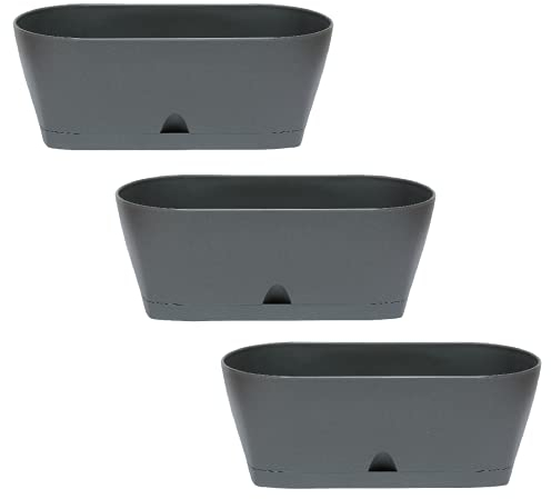 ENGELLAND 3X Blumenkasten Balkonkasten Pflanztopf für Garten Balkon und Tischdeko mit Wasserauffangschale oval anthrazit grau