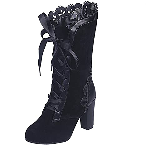 PAIDAXING - Stivaletti da donna in stile gotico, stile vintage, in pelle scamosciata, con tacco alto, con lacci, Nero , 37.5 EU
