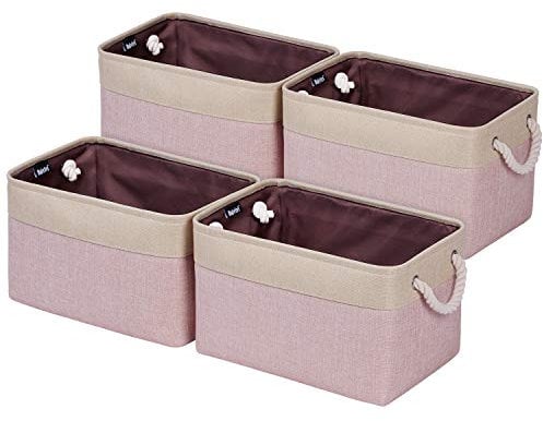 Univivi Foldable Storage Basket 4 Pack, Rectangle Large Storage Baskets with Sturdy Cotton Carry Handles, Fabric Storage Box for Sorting Clothes, Books, Toys, Family Items (15inch Pink)